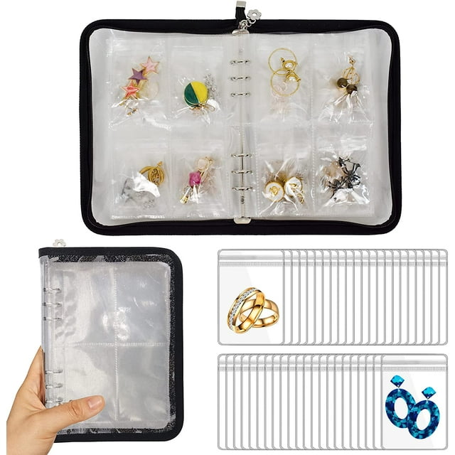 Estuche organizador de aretes Organizador de joyas de viaje Libro de almacenamiento de joyas transparente para collar Pulsera Titular de anillo con pequeña bolsa transparente con cremallera