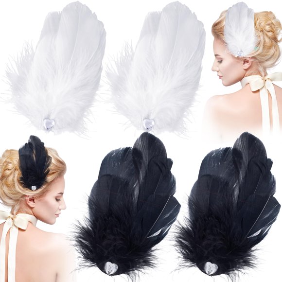 ANCIRS Paquete de 4 clips de pelo de plumas para mujer con forma de ala de mosca, accesorios para el pelo, horquillas de los años 20, tocado para el pelo para el lago de los cisnes, cosplay, espectácu