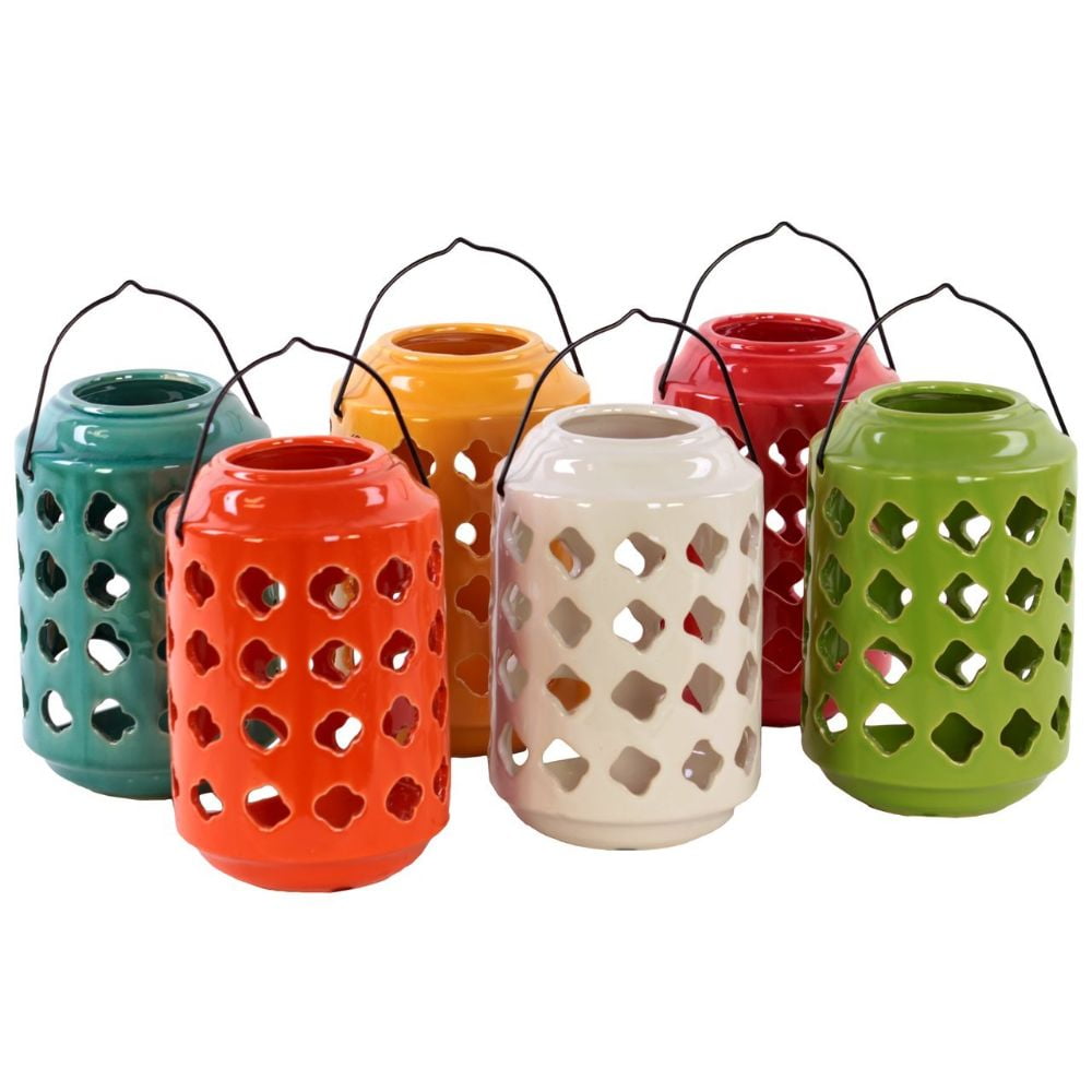 50865Ast Assorted Six Large Ceramic Tea Light Lantern With Metal Handle Multi