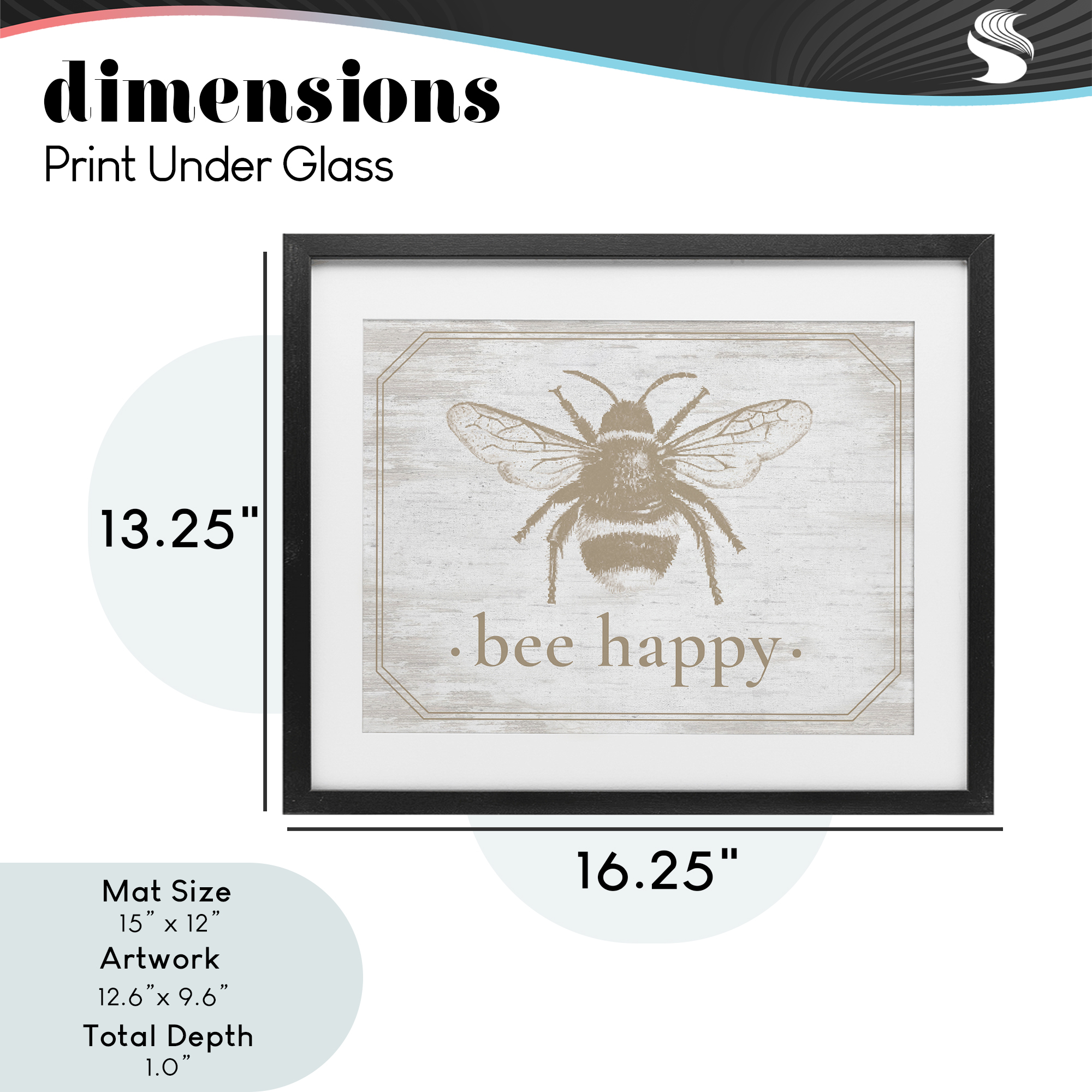 Bee Happy with Rustic Border Black Framed Print Under Glass, design by Lettered and Lined