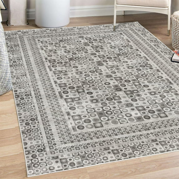 Retro Decorative Rug, Geometric Groovy Themed Pattern of Rounds and Squares Grunge Nostalgic Look, Quality Carpet for Bedroom Dorm and Living Room, 6 Sizes, Pale Grey, by Ambesonne