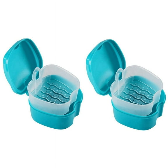 2X Blue Denture Case, Denture Cup with Strainer, Denture Bath False Teeth Storage Box with Basket Net Container Holder