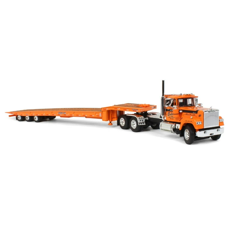 Mack Super-Liner Day Cab Truck with Talbert 5553TA Tri-Axle Trailer \J.V.  III Construction\ Orange 1/64 Diecast Model by DCP/First Gear