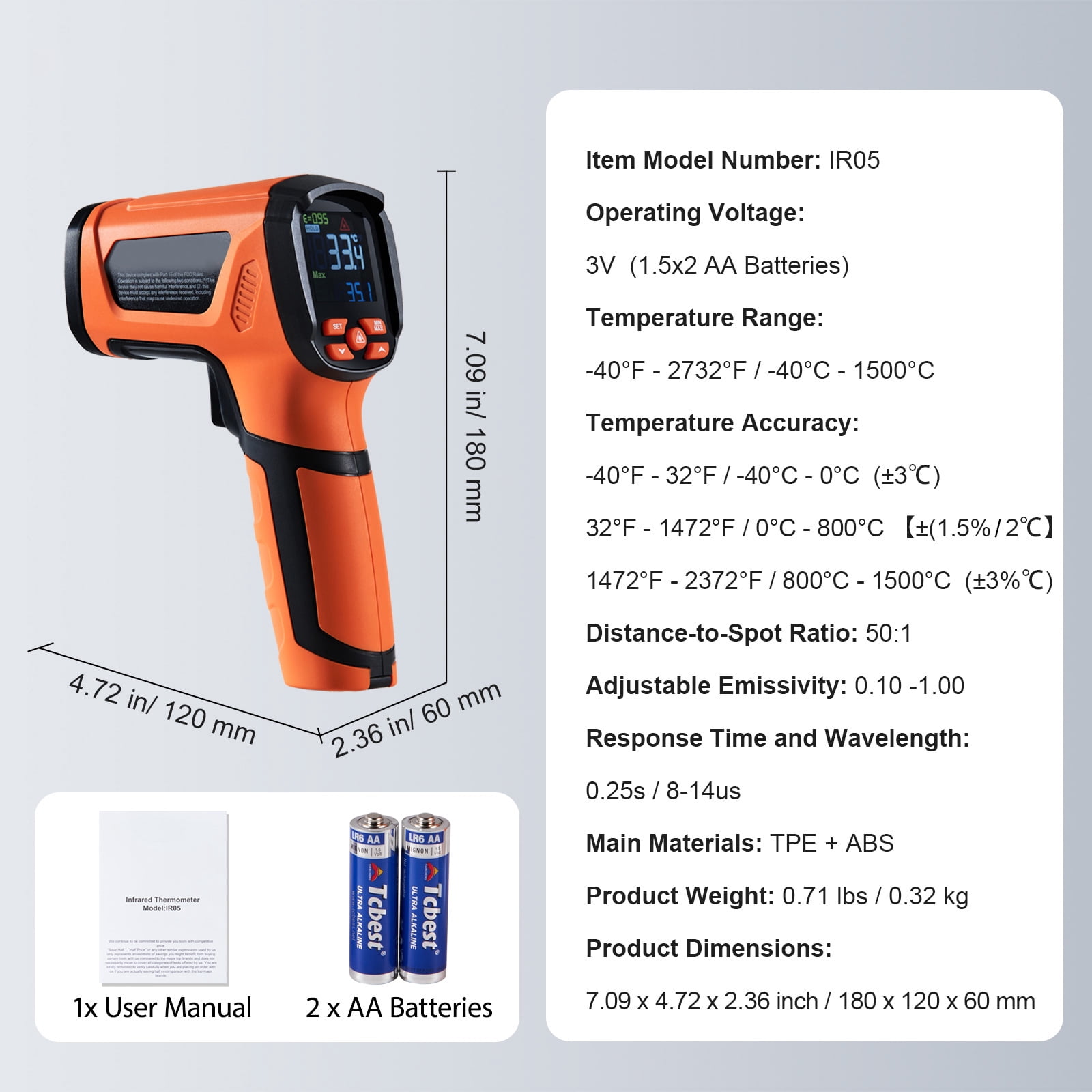KFFKFF Infrared Thermometer, -40~2732°F Dual Laser Temperature Gun, Digital Laser for Cooking, Pizza Oven, Grill & Engine, IR Temp with Adjustable Emissivity Max-Min Measure