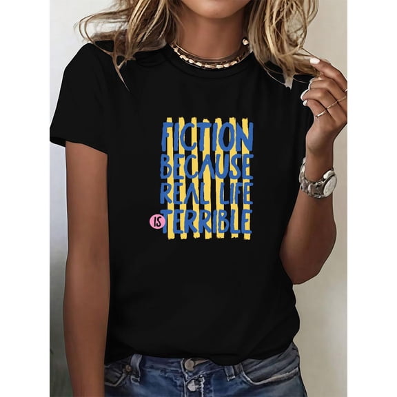 Fashion Reading Humor Print T Shirts Sarcastic 'Fiction Because Real Life' Quote Pattern Tops Bookworms & Writers Graphic Tees,S-5XL