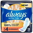 thumbnail image 1 of Always Ultra Thin Feminine Pads with Wings for Women, Size 4, Overnight Absorbency, Unscented, 16 Count, 1 of 1
