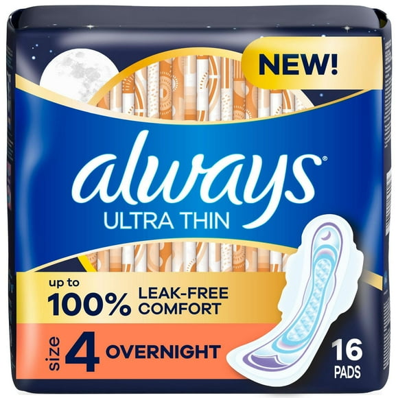 Always Ultra Thin Overnight Pads, Size 4, Overnight, Unscented, 16CT