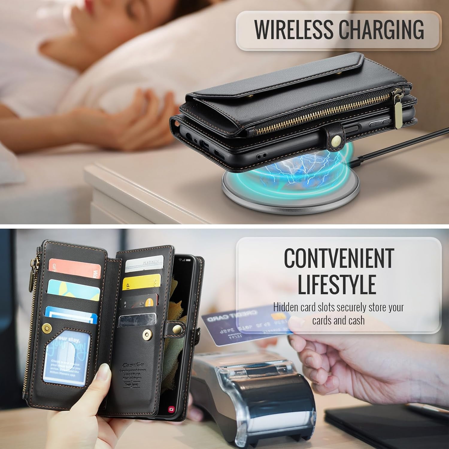 Phone Case for Samsung Galaxy S21 Ultra 5G Zipper Wallet Cover with Tempered Glass Screen Protector and Flip RFID Blocking Cash Card Holder Cell S21ultra 21S S 21 21ultra G5 Women Girls Black