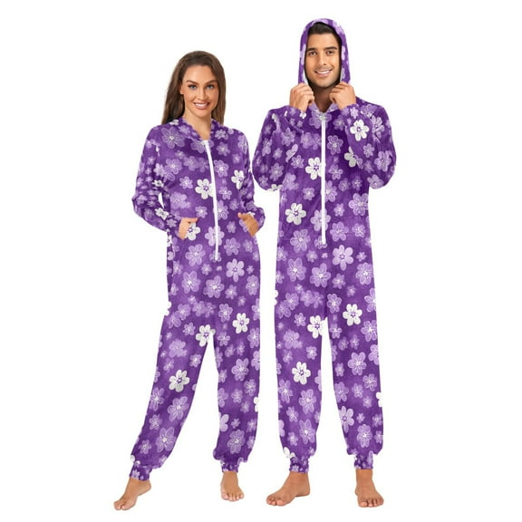 Adult Christmas Onesie Purple Flower Adult Zipper One-Piece Pajamas Unisex Pajamas with Pockets