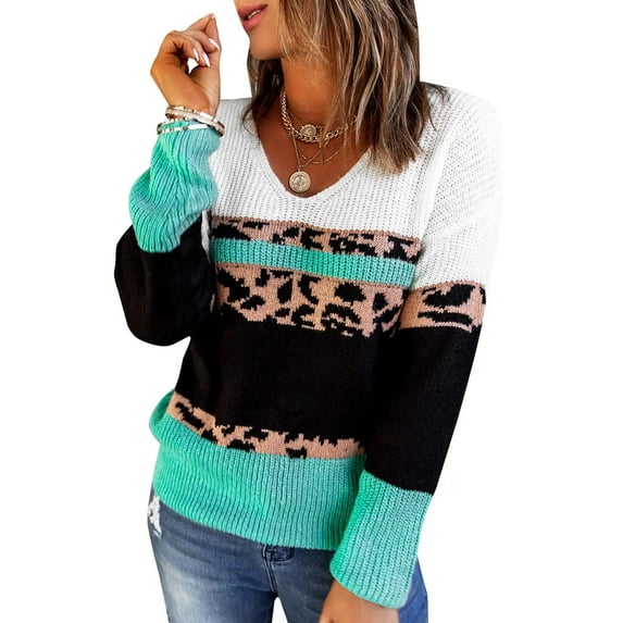 Asyoly Women's Winter Casual V Neck Knitted Sweater Leopard Color Block Print Jumpers Loose Pullover