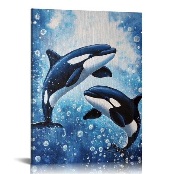 Patifu Orca Whales Water Bubbles Canvas Wall Art Home Decor 12x16 in