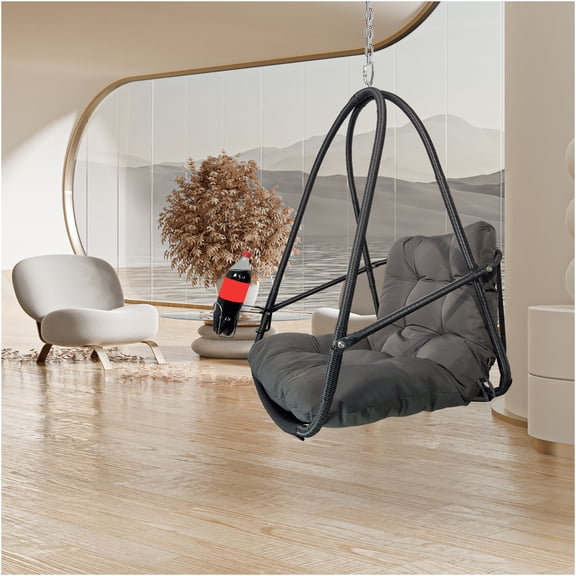 JERFIT Outdoor Egg Hanging Chair with Stand, 350lb Capacity Rattan Swing Chair for Patio, Foldable with Cushion, Cup Holder & Safety Rail, Black