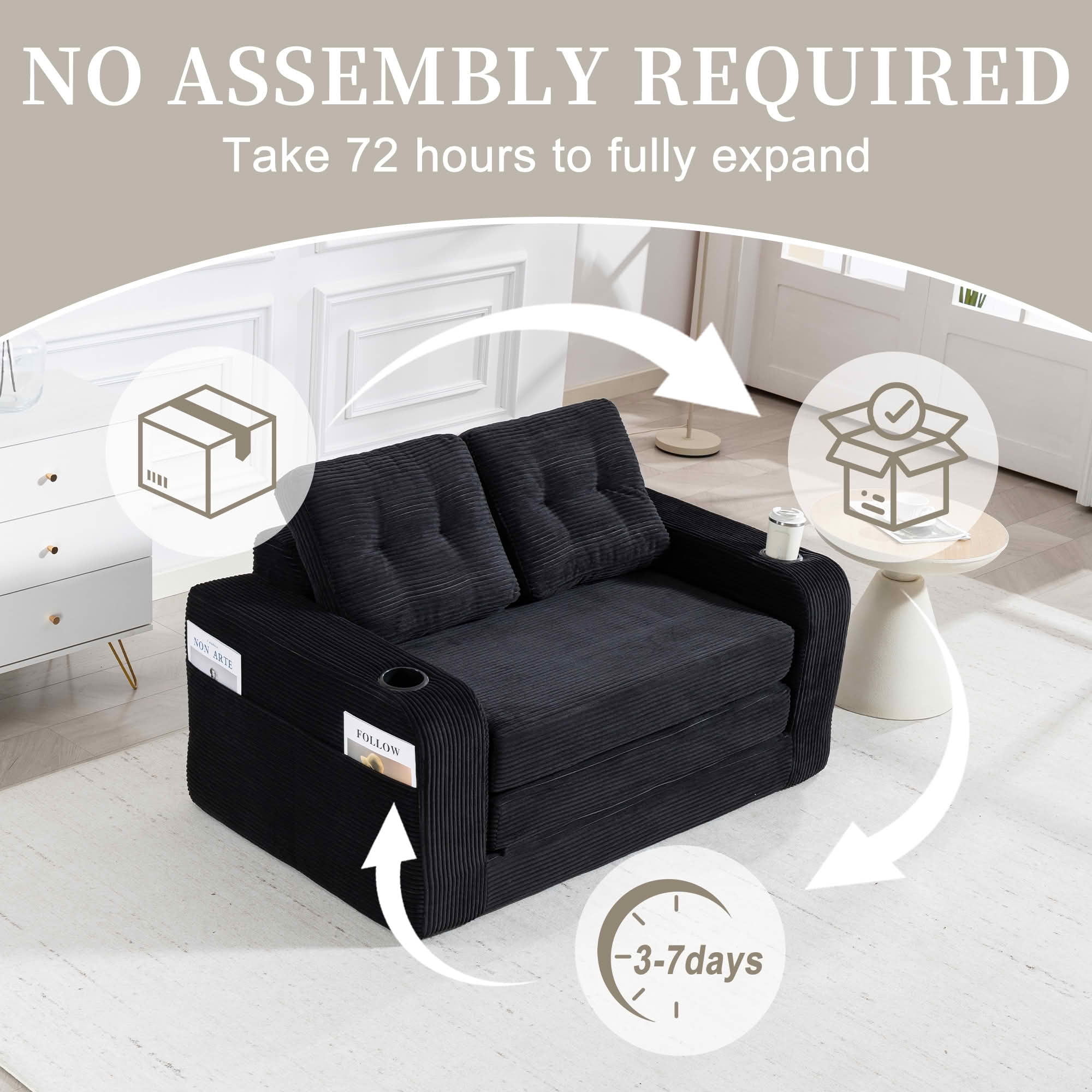 MAYEERTY 2-in-1 Convertible Expandable Sofa Bed, Fold Out Corduroy Floor Couch with Pillows, Side Pockets & Cup Holders for Bedroom Small Living Room