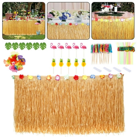 

THREN Hawaiian Tropical Party Decoration Set with 9feet Hawaiian Luau Grass Table Skirt Hibiscus Flowers Palm Leaves Paper Pineapple Umbrella Food Toppers and 3D Fruit Straws