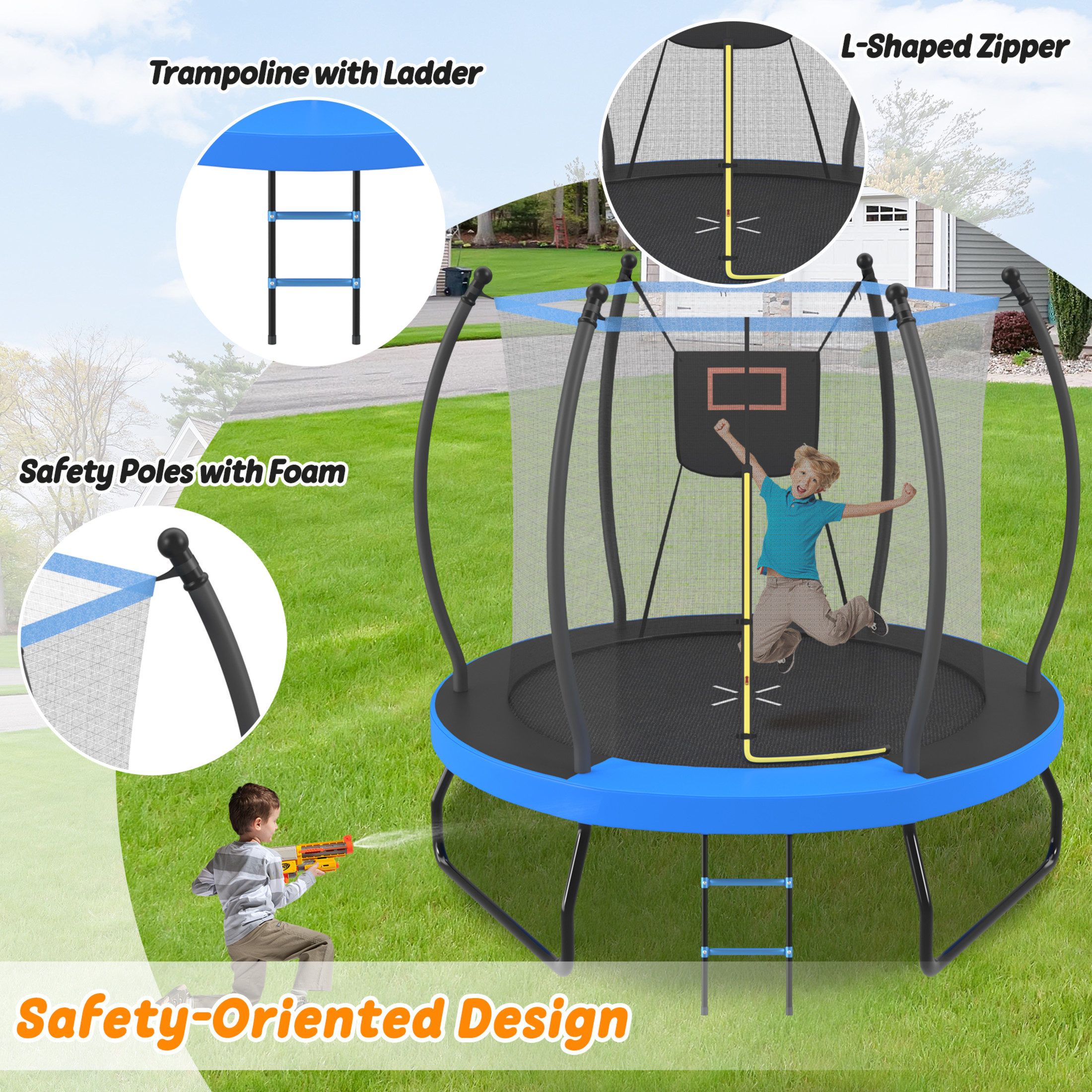 Noble House 8FT Outdoor Trampoline for Kids with Basketball Hoop, Enclosure Net and Ladder, Blue Metal Frame