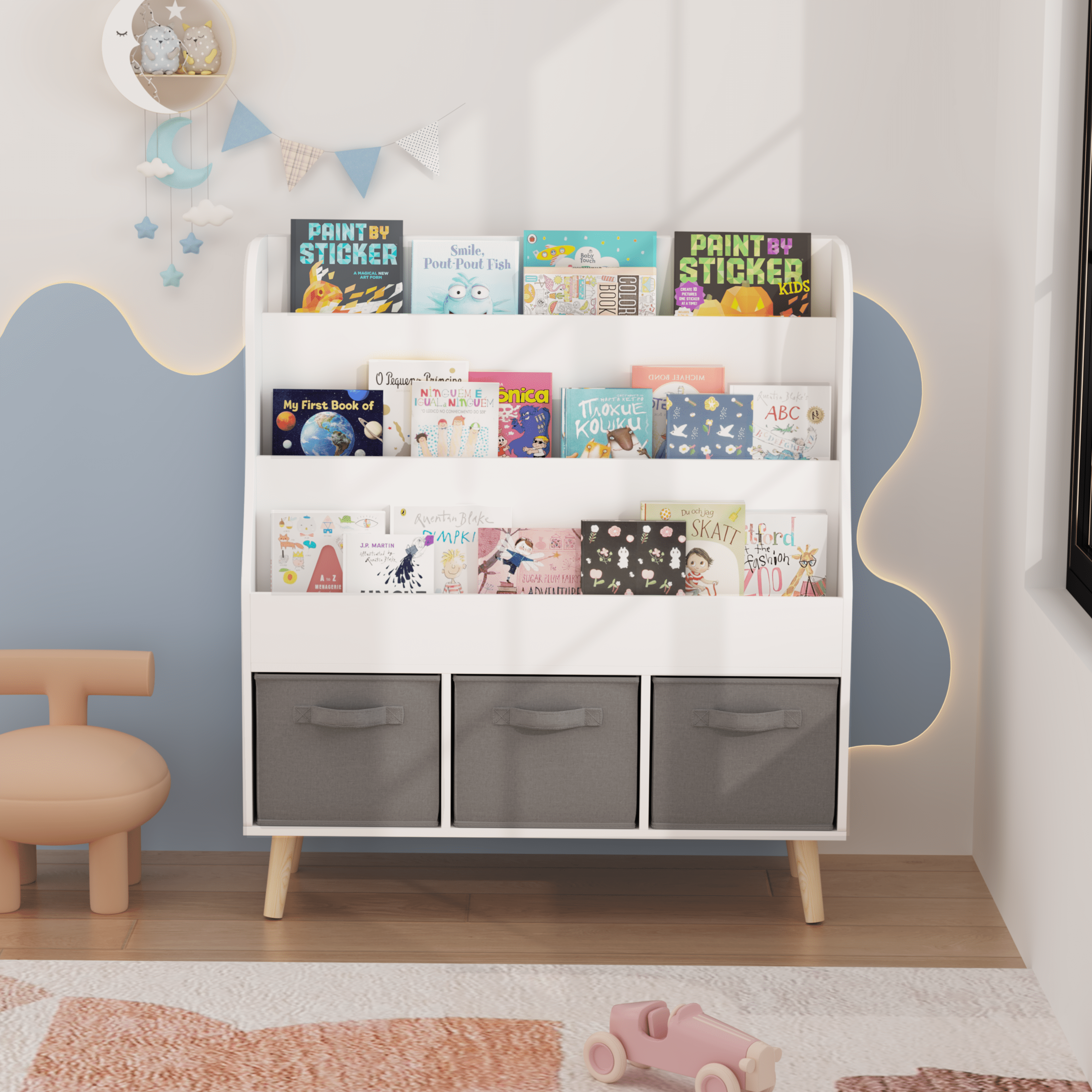 Kids Furniture Kids Bookshelf with 3 Fabric Storage Bins, White Wooden Book Display Organizer for Toddlers and Children, Front-Facing Book Rack with Pine Legs for Playroom, Nursery, or Bedroom,Baby F