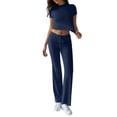 thumbnail image 2 of Iaqnaocc Lounge Sets for Women 2 Piece Sets for Women Casual Slim Y2k Short Sleeve Crop Top Yoga Flare Leggings Pants Classic Fashion Summer Outfits Tracksuit Navy M, 2 of 7