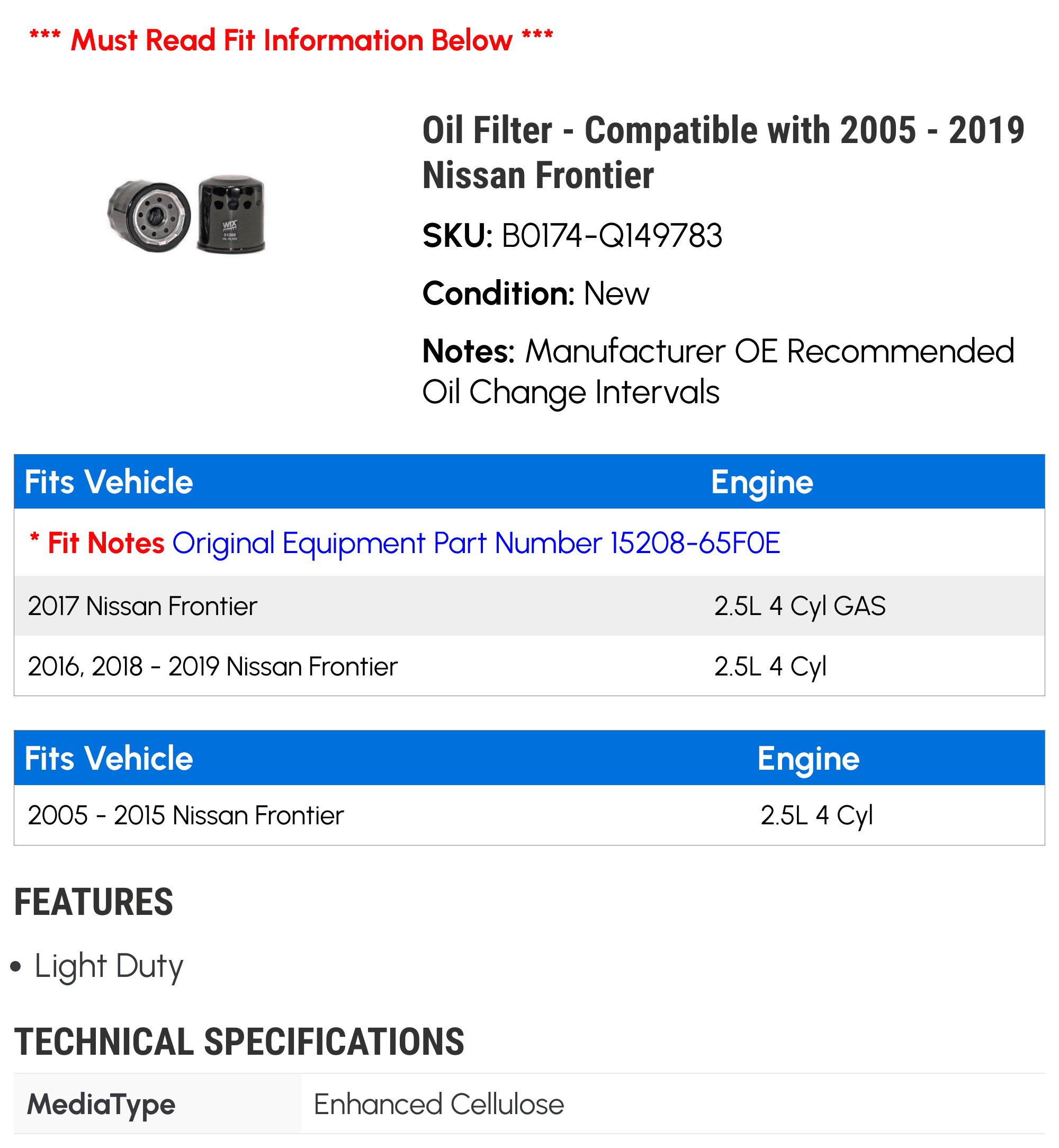 Oil Filter - Compatible with 2005 - 2019 Nissan Frontier 2006 2007 2008 2009 2010 2011 2012 2013 2014 2015 2016 2017 2018