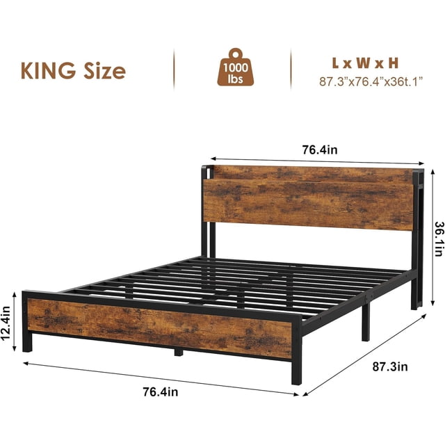 OUYAWEI King Size Industrial Platform Bed Frame USB Charging 2-Tier Storage No Box Spring Retro Brown Wood Headboard