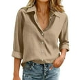 thumbnail image 6 of Womens Cotton Linen Button Down Shirts Loose Fit Long Sleeve Collared Blouse Casual V Neck Tops Outfits S-3XL Brown S, 6 of 6
