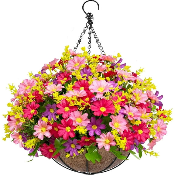 Artificial Faux Hanging Plants Flowers Basket Planter with Colorful Daisy Eucalyptus & Baby's Breath, UV Resistant Silk Fake Flowers for Spring Summer Outdoor Decor, Perfect for Porch Patio and Yard