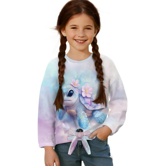 Xoenoiee Turtle Flower Print Girls Long Sleeve Shirts Tie Hem Fall T-Shirt Round Neck Tops Blouse Pullover Tunic Outfits Fall Clothes, 5-6 Year