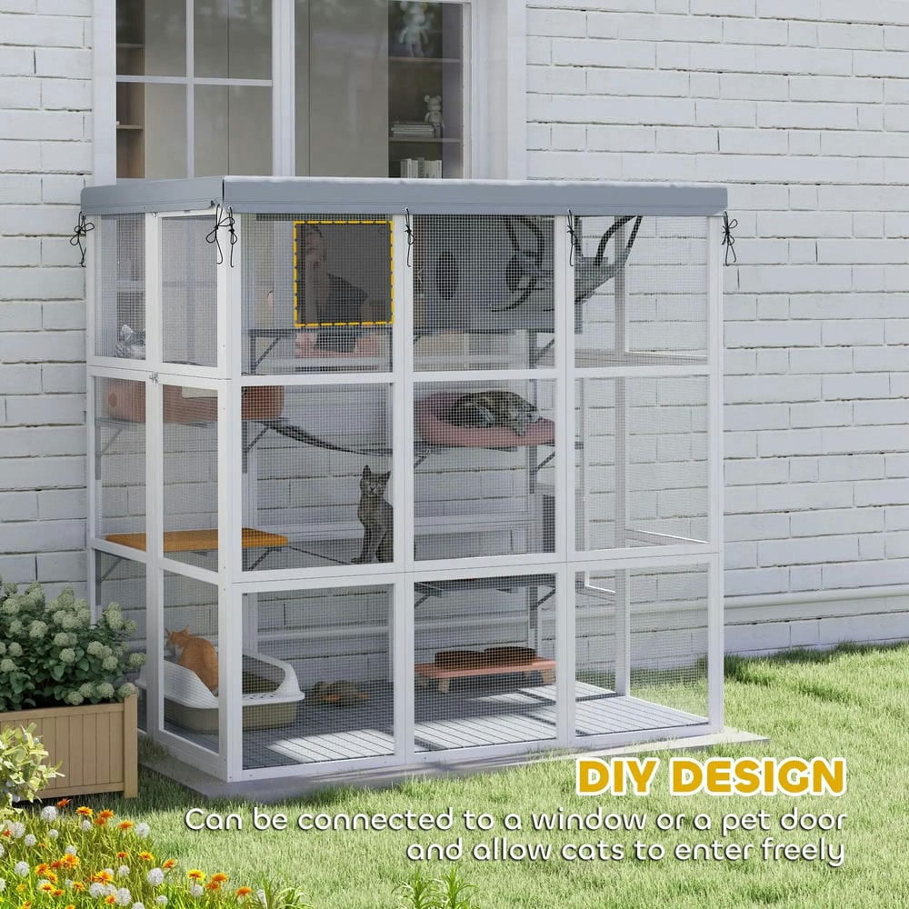 Topcobe Large Outdoor Catio Cat Enclosure with Hammock, Condo, Jump Platforms, Ladders, Ramps, Tarp, for 2-4 Large Cats, Outside Pet Shelter, Small Animal Habitat, Gray