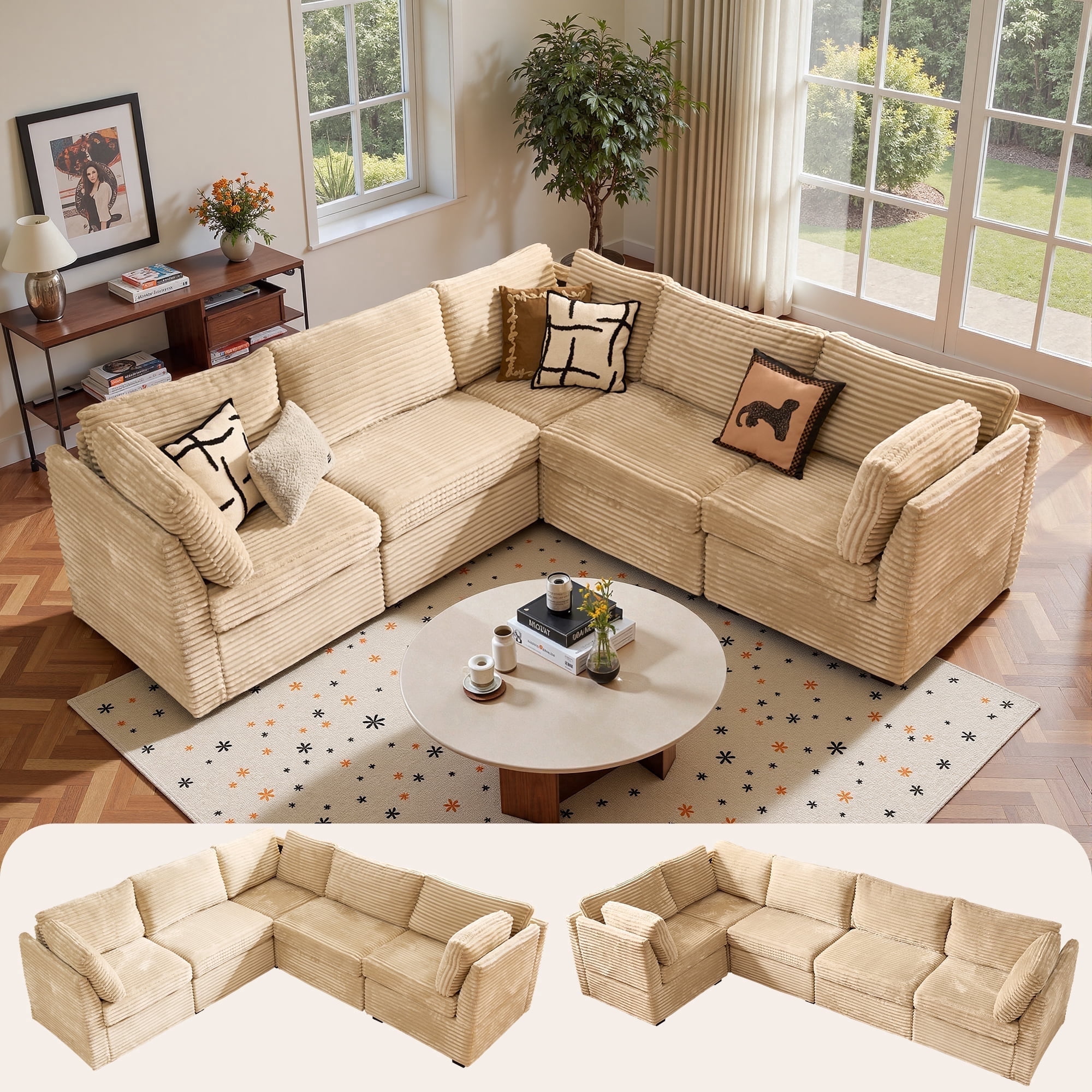 Ovios 95" Modular Sectional Sofa Deep Seat Cloud Couch with Chaise L-Shaped Corduroy Couch for Living Room, 5 Seat, Beige