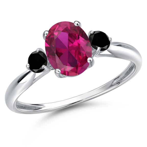 Gem Stone King 10K White Gold Red Created Ruby and Black Diamond 3-Stone Ring for Women | 1.55 Cttw | Oval 8X6MM | Gemstone July Birthstone | Size 9