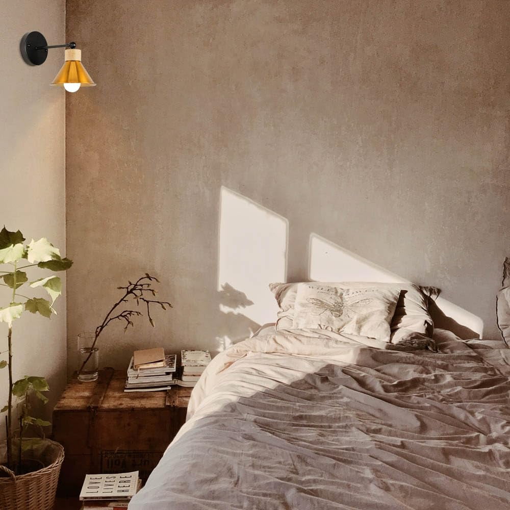 KAYYELAMP Retro Wall Sconce Battery Run Remote Dimmable Lighting Wood Base Gold Metal Shade Modern Style for Dorm Stairways Laundry Room
