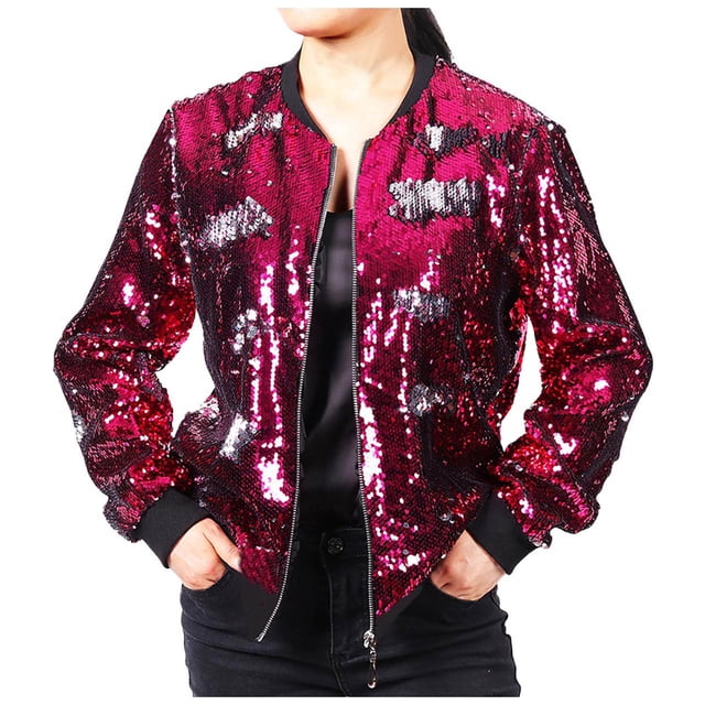 Yuyuzo Veste à Paillettes pour Femme à Manches Longues, Col Rond, Veste Zippée avec Poche, Tenue de Fête/Boîte de Nuit, Manteau