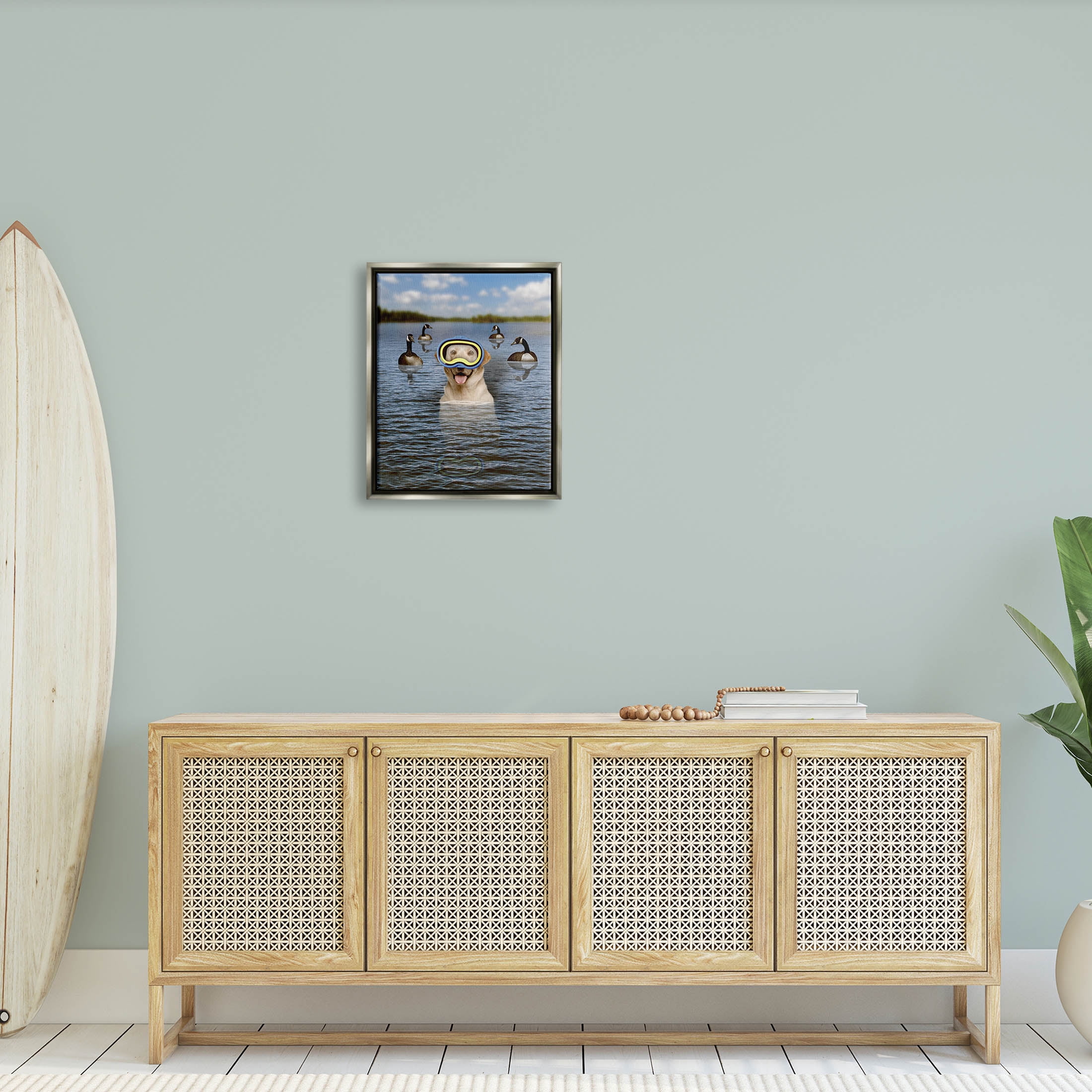 Funny Dog Goggles Swimming Bay Animals & Insects Graphic Art Luster Gray Framed Art Print Wall Art