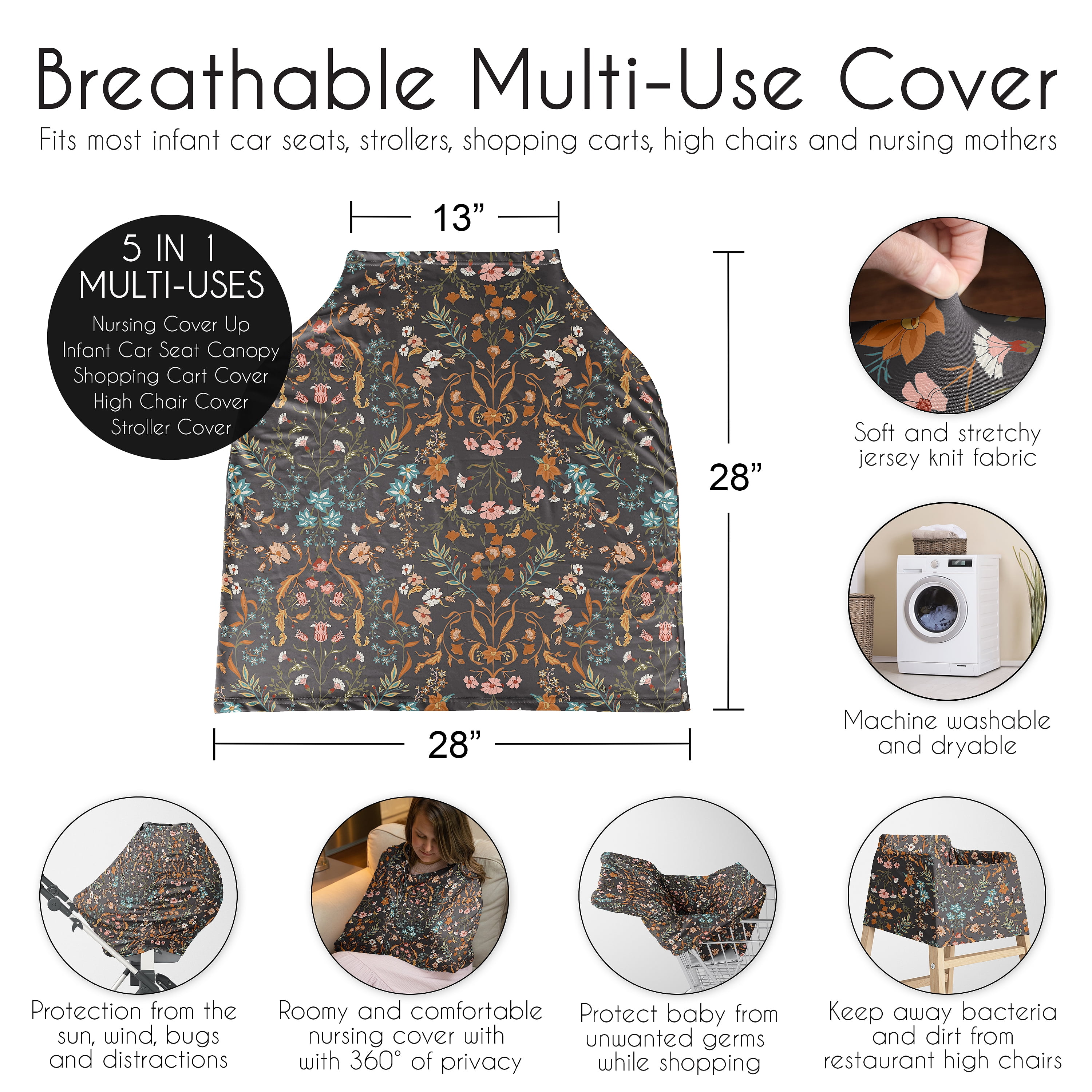 Sweet Jojo Designs Boho Floral Wildflower Black and Orange Girl Multi Use Baby Car Seat and Nursing Cover