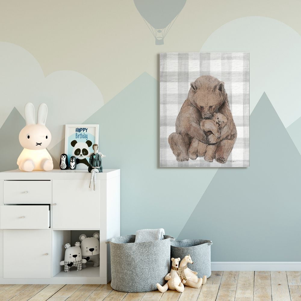Stupell Industries Bear and Cub Nursery Illustration Grey Farmer Plaid Canvas Wall Art Design by Daphne Polselli, 36" x 48"