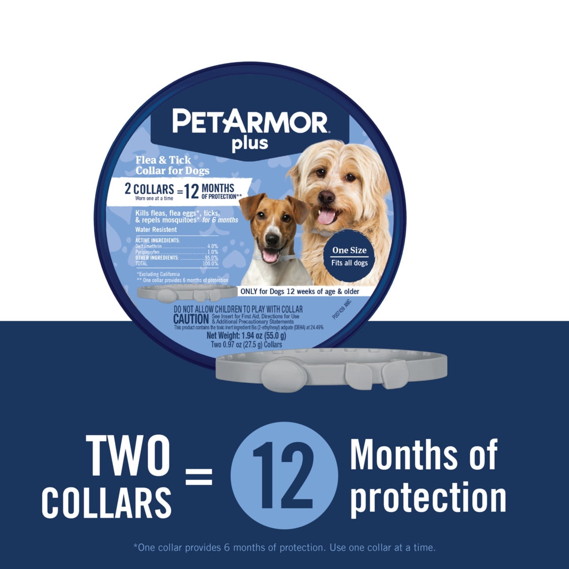 PETARMOR Plus Flea & Tick Collar for Dogs, One-Size-Fits-All Collar, 2 Count