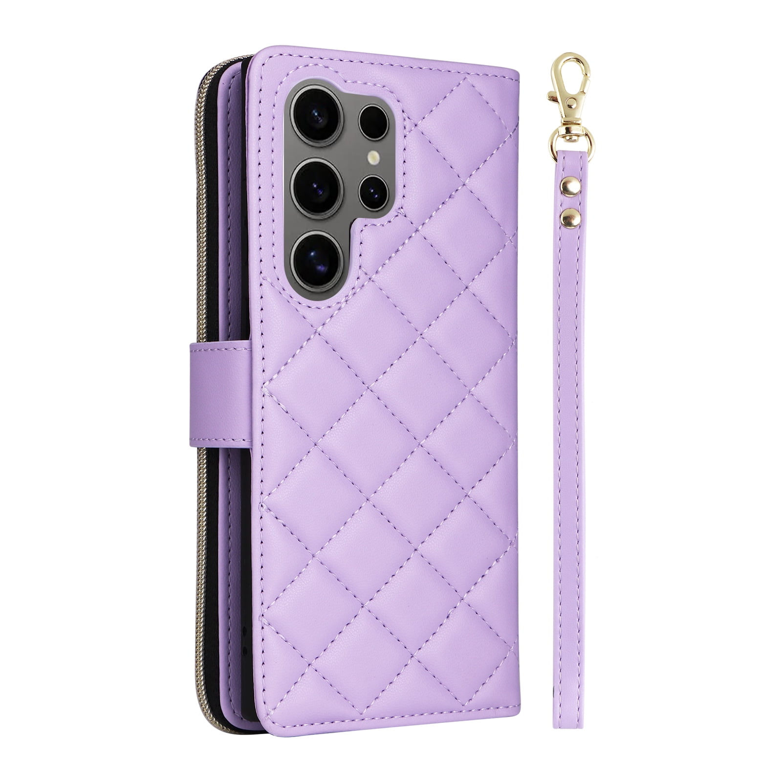 for Samsung Galaxy S24 Ultra Wallet Case, Multi-Functional Zipper Purse Case, with Flip Stand Card Holder PU Leather Phone Cover with Lanyard & Wrist Strap for Samsung Galaxy S24 Ultra, Purple
