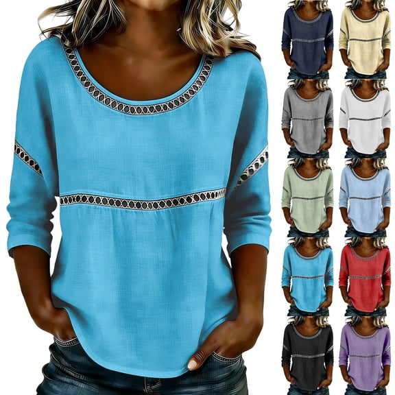 Luvrsol Summer Tops for Women Solid Cotton-Linen Blouse with 3/4-Sleeve Lace Accents, Size S-2XL