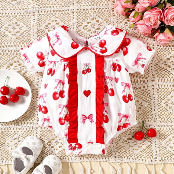 Baby Onesie Infant Girls Short Sleeve Ruffle Cherry Print Bodysuit Baby Bodysuit Red 6-12 Months