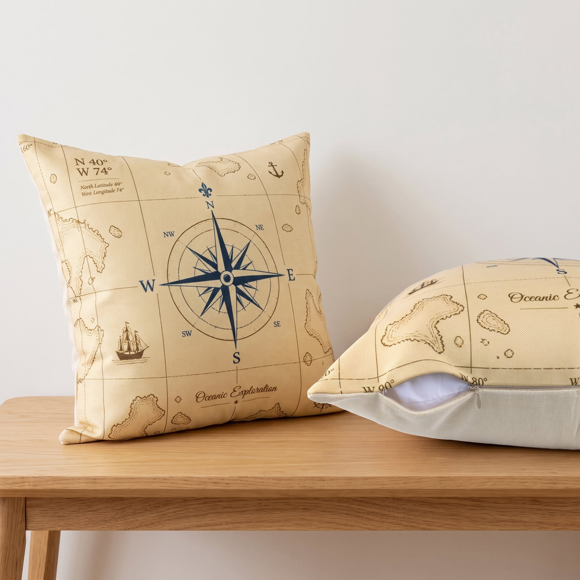 Unique Bargains Nautical Decorative Throw Pillow Covers Vintage Coastal Cushion Case Khaki Compass 18"x18"