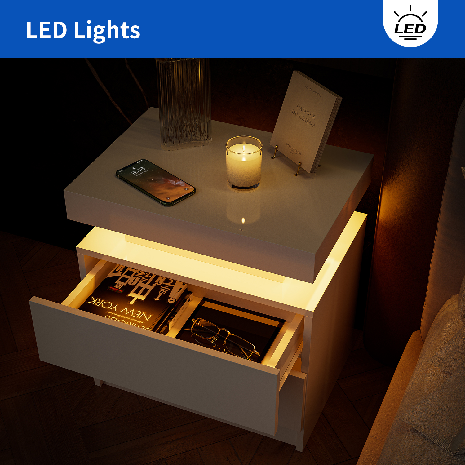Cubehom LED Nightstand Set of 2 Modern Wood Bedside Table with 2 Drawers Table for Adults Bedroom Room White