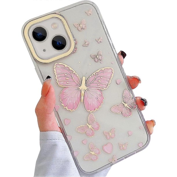 Compatible con funda de teléfono iPhone 14Plus Girl Girl, mariposa dorada brillante, lindo patrón de corazón de amor, funda de teléfono de protección transparente con panel rígido delgado,