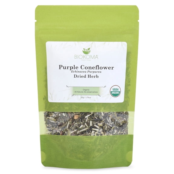 Biokoma Pure and Organic Purple Coneflower Dried Herb 50g (1.76oz) in Resealable Moisture Proof Pouch, USDA Certified Organic - Herbal Tea, No Additives, No Preservatives, No GMO, Kosher