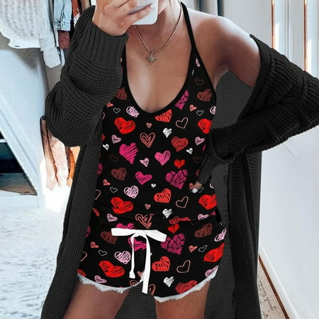 

NEGJ Women Sexy Heart Star Printing Halter Pajamas Sleeveless Cami Shorts Lingerie Sleepwear Set S/M/L/XL/XXL