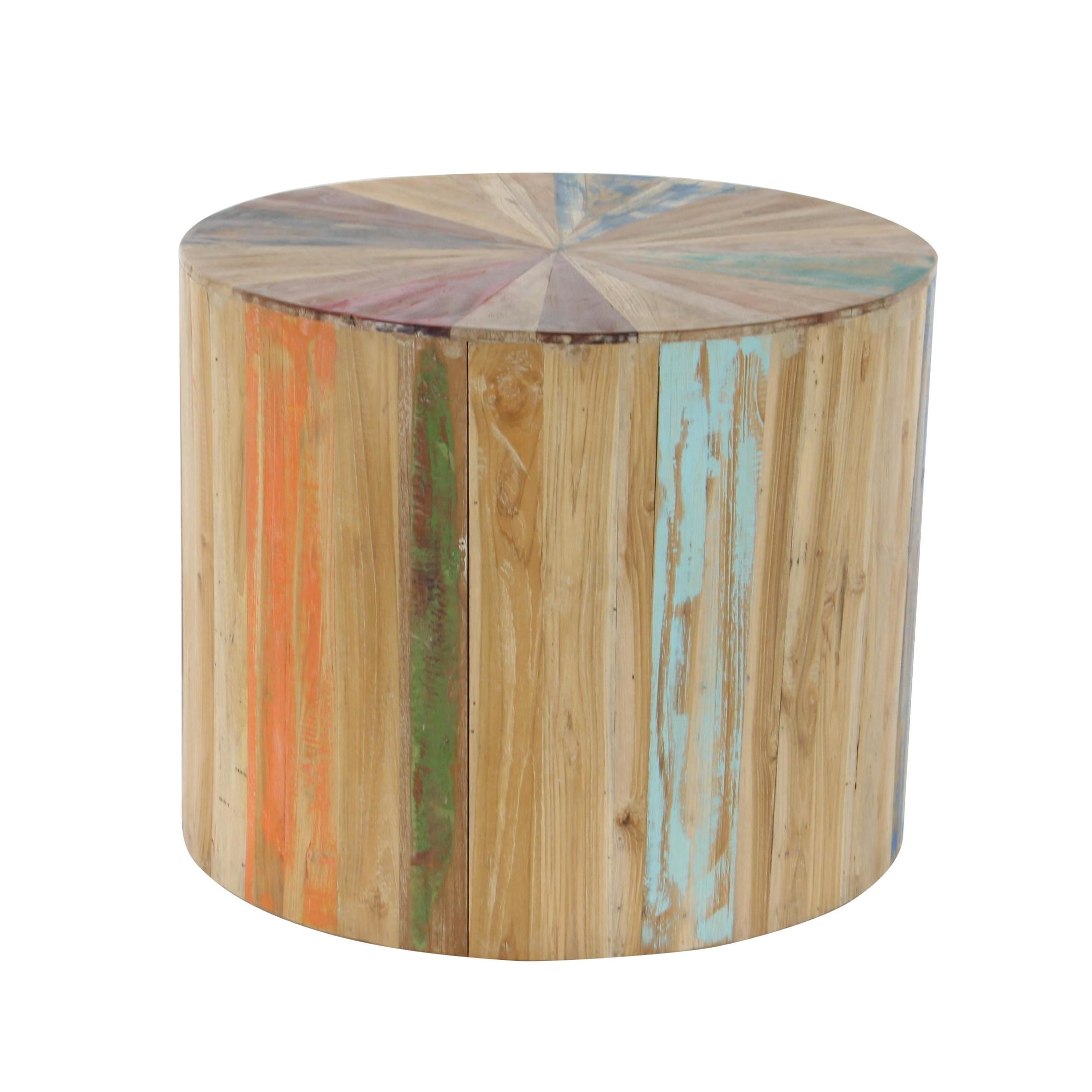 DecMode 22" x 18" Brown Reclaimed Wood Handmade Pinwheel Drum Starburst Accent Table with Colorful Painted Accents, 1-Piece