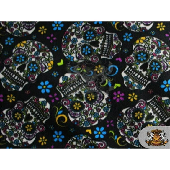 Fleece Printed Fabric FLORAL SKULL BLACK / 58" Wide / Sold by the yard S-413