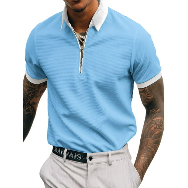 Sexy Dance Men Summer Tops Lapel Neck T Shirts Zip Up Polo Shirt Casual  T-shirt Short Sleeve Blouse Light Blue XL