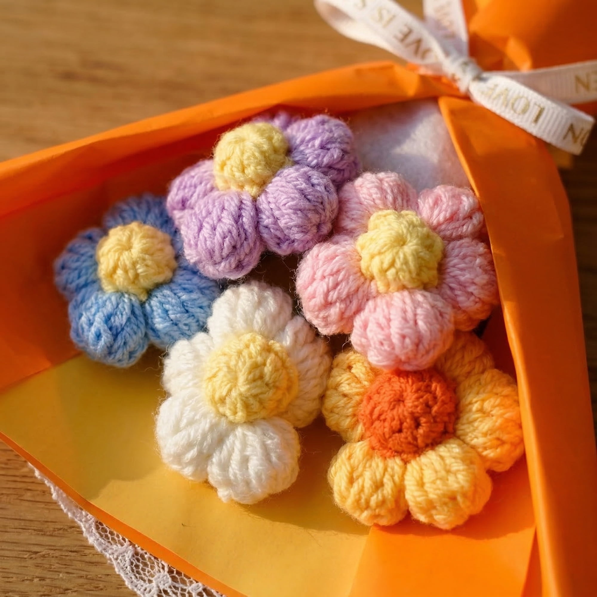 Unique Bargains Handmade Crochet Eternal Knitted Flowers Bouquet with Wrap Orange 7.1 in