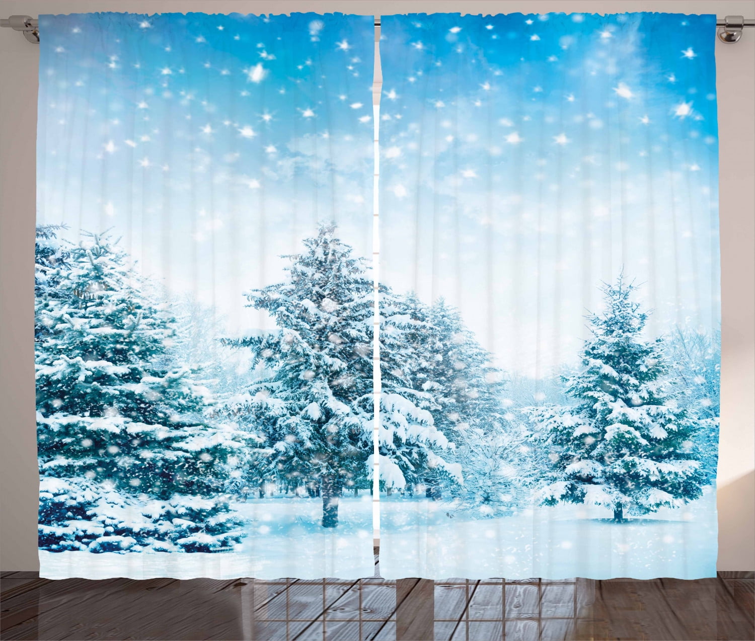 Winter Curtains 2 Panels Set, Snow Covered Fir Trees on Mountainside