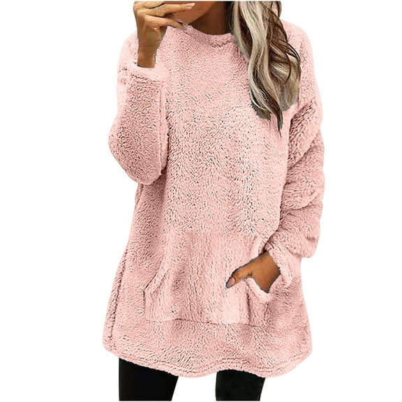 GigrtiJin Women's Fall Winter Plush Tops Pullover Fleece Crewneck Sweatshirt Solid Color Warm Sweater with Pockets