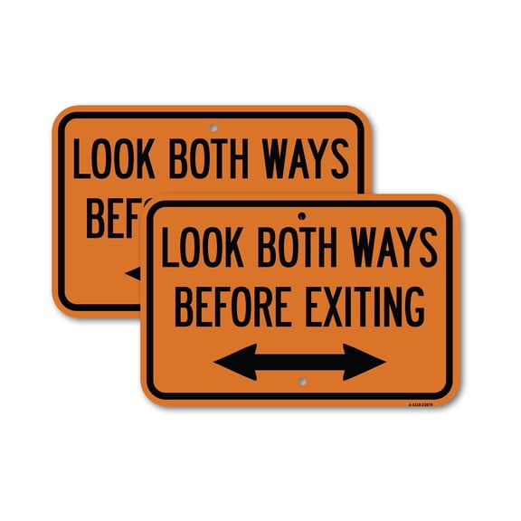 (2 Pack) Look Both Ways Before Exiting (With Bidirectional Arrow) | 18" X 24" Heavy-Gauge Aluminum Sign | Rust Free Aluminum, Weather Resistant, Waterproof, Fade Resistant, 2